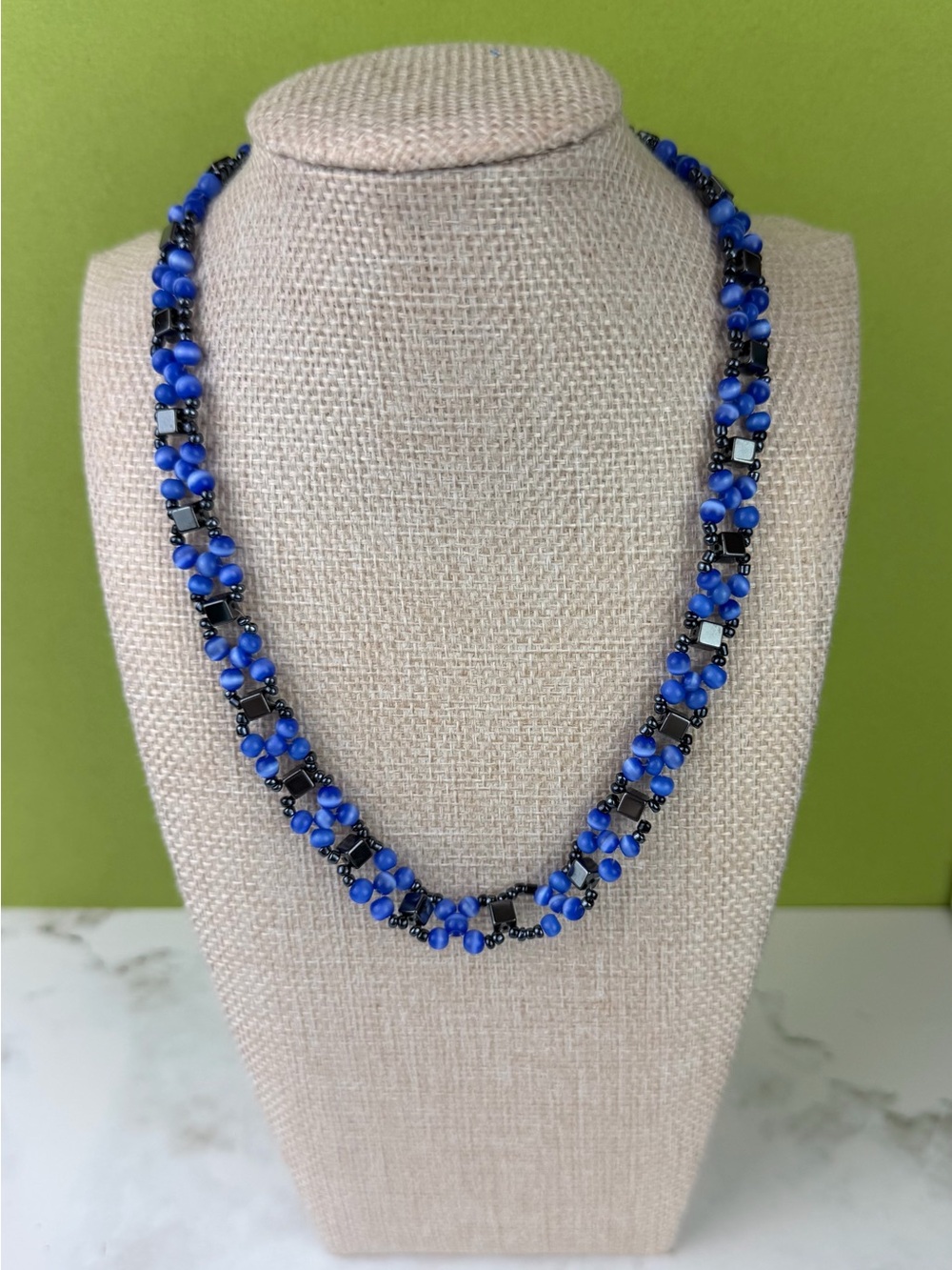 Y2K Cobalt Blue Cat’s Eye & Hematite Woven Choker Necklace - 15.5”